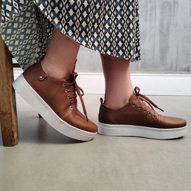 Imagem de Tênis Casual Feminino Em Couro Legítimo Parvas Flat, Marrom, 37