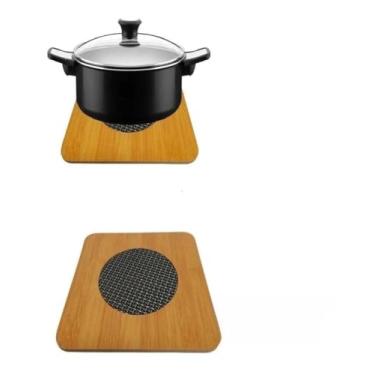 Imagem de Kit 3 Descanso de Panela 17x17 cm e Suporte Vertical para Cozinha Porta Papel Toalha de Bambu 29cm Altura Base 12cm Diâmetro (17 cm, quadrado)