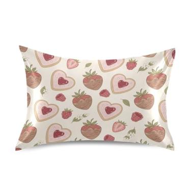 Imagem de Wassud Fronha de almofada de cetim de chocolate e morango para o dia dos namorados para cabelo e pele capas de almofada de seda lisa tamanho padrão respiráveis com fecho de envelope