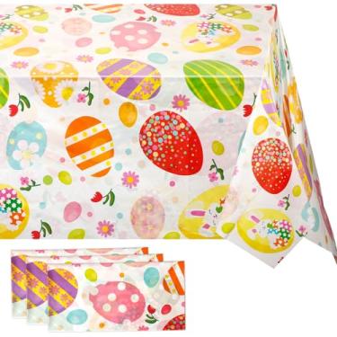 Imagem de XIHIRCD 3 peças de toalha de mesa de ovo de Páscoa, toalha de mesa retangular de plástico 267 x 137 cm com estampa de ovo colorido toalha de mesa de Páscoa decorações para festas de primavera de