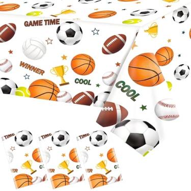 Imagem de BCCSNNM Pacote com 3 capas de mesa descartáveis para festas de aniversário esportivas, futebol, basquete, beisebol, para festas temáticas, 137 x 274 cm