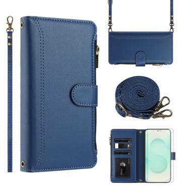 Imagem de Asuwish Capa de celular para Samsung Galaxy S26 Pro 5G com protetor de tela de vidro temperado, alça de pulso transversal de couro flip zíper suporte para cartão de crédito celular S 26 Pro mulheres