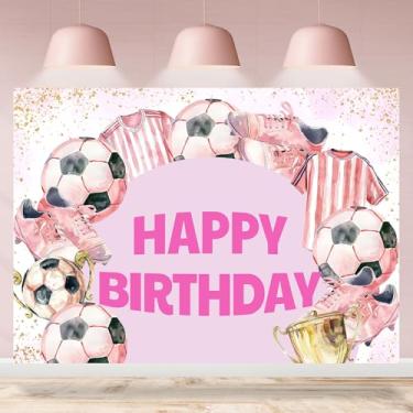Imagem de Rsuuinu Pano de fundo de feliz aniversário, futebol, meninas, rosa, tema esportivo, fotografia, decoração infantil, decoração de festa de feliz aniversário, faixa de mesa de bolo, adereços para cabine