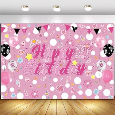 Imagem de Pano de fundo de feliz aniversário de 2 anos | 1,5 x 0,9 m com tema de desenho animado rosa | Perfeito para aniversários de meninas, chás de bebê, cabines de fotos e decorações de festas de fim de ano