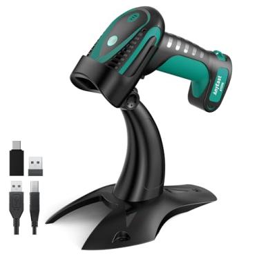 Imagem de Anyeast Scanner de código de barras sem fio com suporte, scanner de código de barras industrial 1D 2D QR Bluetooth para Android, iOS, Windows, Mac, leitor de código de barras USB, à prova d'água e