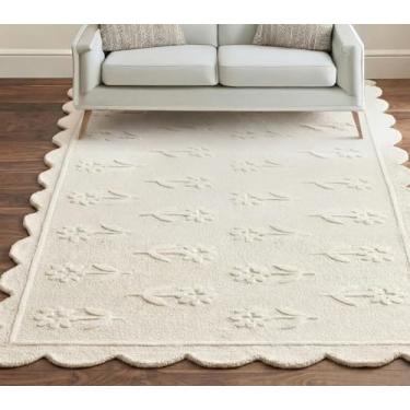 Imagem de RugsBazaar Tapete floral Jessa Scallop – Tapete de lã feito à mão com forro de algodão antiderrapante – macio e durável – ideal para sala de estar, quarto e decoração de casa – Design antiderrapante