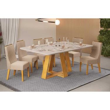 Imagem de Conjunto: Mesa de Cozinha Celeste c/ Tampo Madeirado c/ Vidro Curvo 160x90cm e 6 Cadeiras Jade Cedro/Off White - Suede Kraft - DJ Móveis