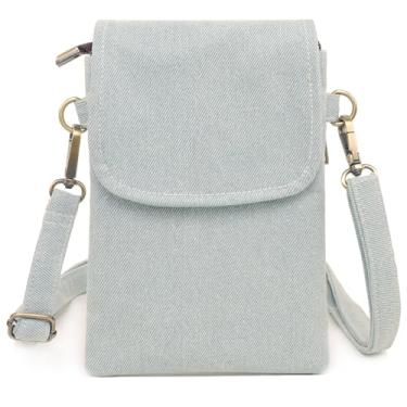 Imagem de SILKAREA Bolsa tiracolo pequena de lona bordada vintage para celular bolsa feminina carteira de pulso bolsa de moedas, Denim Blue-A