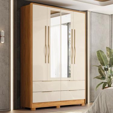 Imagem de Guarda-roupa Casal 4 Portas 4 Gavetas com Pé e Espelho Domo Cinamon/Off White