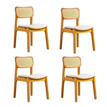 Imagem de Conjunto 4 Cadeiras Sala de Jantar Estofada em Linho e Telinha de Rattan Atenas Nozes
