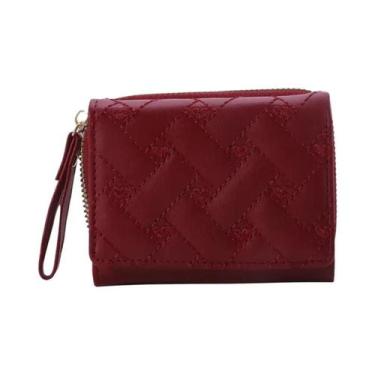 Imagem de Carteira Feminina Curta De Couro PU Com Padrão De Amor Bordado, Dobráv