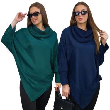 Imagem de Kit 2 Ponchos Bico Tricot Casaco Mousse Macio Feminino Casual Com Punh