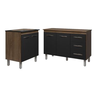 Imagem de Balcão Para Cooktop 4 Bocas Fran e Armário Bruna 118 cm Cozinha Gabinete Savana Preto com Tampo Tampão Savana