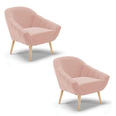 Imagem de Kit 02 Poltronas Giovana Veludo Rosê Pés Palito Natural D03 - D`rossi