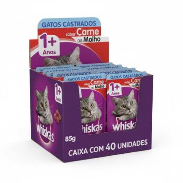 Imagem de Kit Ração Úmida Whiskas Sachê Carne ao Molho para Gatos Adultos Castra