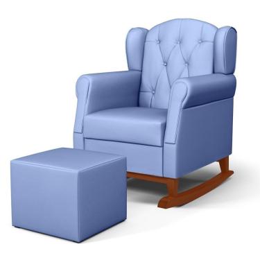 Imagem de Poltrona Amamentação Base Madeira Balanço E Puff Lucy P04 Sintético Azul - Mpozenato