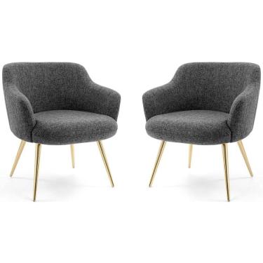 Imagem de Kit 02 Poltronas Decorativas Jade Palito Gold Linho Mesclado Branco/cinza - Nexta Casa