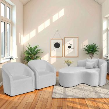 Imagem de Kit Recamier Curvo Sala De Estar 150cm Lado Esquerdo E 2 Poltronas Orgânica Luiza Max Bouclé Branco