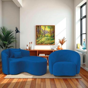 Imagem de Kit Recamier Curvo Sala De Estar 150cm Lado Direito E Poltrona Orgânica Luxo Amore Linho Azul Royal