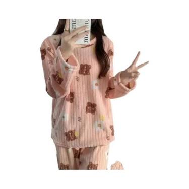 Imagem de Conjunto De Pijama Feminino De Veludo Quente Com Blusa Solta De Fleece