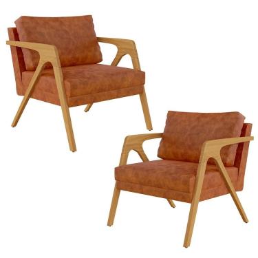 Imagem de Kit 2 Poltronas Decorativas Pietra L02 Corino Assento Estofado Caramelo Lyam Decor