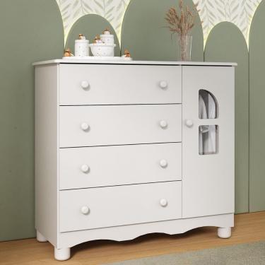 Imagem de Cômoda Infantil MP4499 4 Gavetas 1 Porta com Vidro em MDF com Puxador Plástico Branco 95cm