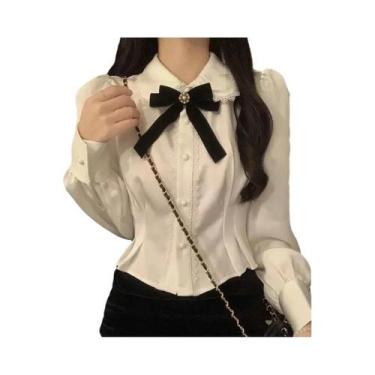Imagem de Blusa Branca Com Laço E Renda Estilo Preppy Feminina Lolita Com Gola P