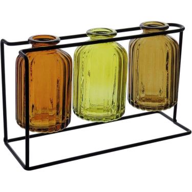 Imagem de Jogo 3 Vasos Decorativo Enfeite Casa Garrafa Home&Co Com Suporte Metal Vidro Âmbar