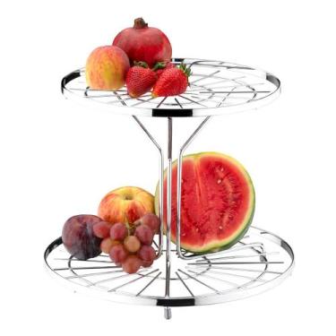 Imagem de Fruteira Redonda Cromada Dois Andares Porta Frutas Duplo Aramado Para 