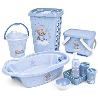Imagem de Kit Bebê Urso Azul Higiene Completa 9 Peças Banheira Cesto Balde Caixa