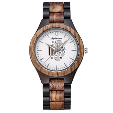 Imagem de Relógio de pulso masculino, relógio de pulso de madeira natural, relógio analógico de quartzo com mostrador de esqueleto romano, relógio luminoso para homens e mulheres, cáqui