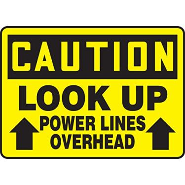 Imagem de Accuform Signs MELC626XV Adesivo Dura-Vinyl Sign, Legend "Caution Look UP Power Lines Overhead", 25,4 cm de comprimento x 35,5 cm de largura x 0 cm de espessura, preto em amarelo