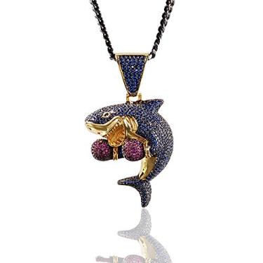 Imagem de Fantex Pingente de tubarão de boxe banhado a ouro 18K com corrente cubana, colar de pingente de hip hop com diamante de laboratório CZ Iced Out para homens e mulheres, Cobre, Zircônia cúbica