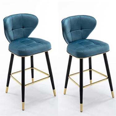 Imagem de Conjunto De 2 Cadeiras Bar Com Encosto, Bancos Bar Veludo Ilha Cozinha Balcão Altura, Perna Metal Preto Assento Estofado Para Bares, Cafés, Lounges, Pub, Altura Do Assento: 75 Cm (Color : Blue)