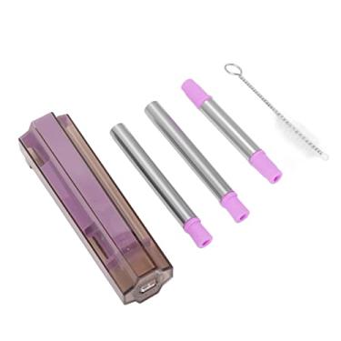 Imagem de Palha dobrável, palha de metal reutilizável portátil com ponta de silicone, capa e escova de limpeza Palha reutilizável de aço inoxidável para água potável, Smoothie, Milkshakes Boba, viagem, doméstico (roxo)