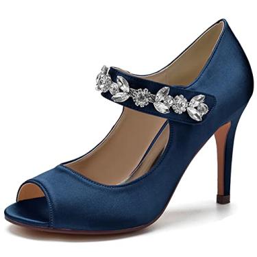 Imagem de Sapatos de casamento de noiva de cetim feminino escarpins peep toe com strass salto agulha alto marfim sapatos sociais 35-43,Dark blue,9 UK/42 EU