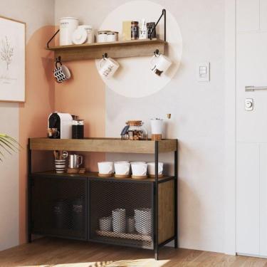 Imagem de Conjunto Balcão Buffet Café Bar 100cm 2 Portas e Prateleira 90cm Aço Expandido Industrial Artesano Vermont/Preto