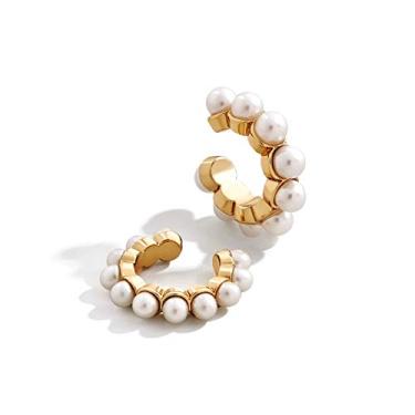 Imagem de 1 par de joias de casamento de pérolas boêmias boêmias com punho de orelha e imitação em formato de C para mulheres sem piercings