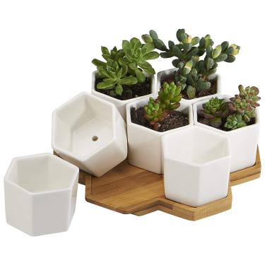 Imagem de Vasos de plantas FLOWERPLUS para ambientes internos, pacote com 7 potes de cerâmica branca moderna pequena hexagonal suculenta de cactos, vaso de flores com bandeja de bambu para decoração de cozinha de interiores e exteriores e jardins (Hexagon)