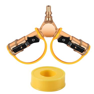 Imagem de Adaptador Y-Splitter de conexão rápida de propano RV de 1/4" com válvula de desligamento Plugue de fluxo completo Adaptador de gás LP de 2 vias para RV para grelha e conexão rápida Conector de conexões de casa de propano para reboque, fogão de acampamento