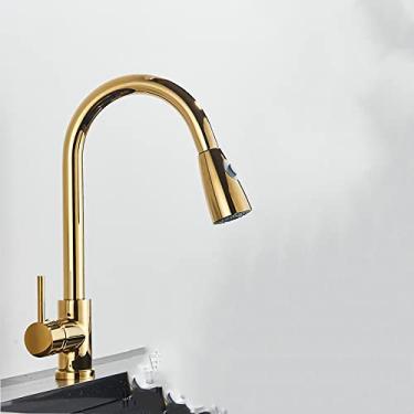 Imagem de Torneira quente fria extraível para pia de cozinha torneira de cozinha de fluxo montada no convés torneira misturadora de banheiro, ouro A, tamanho único