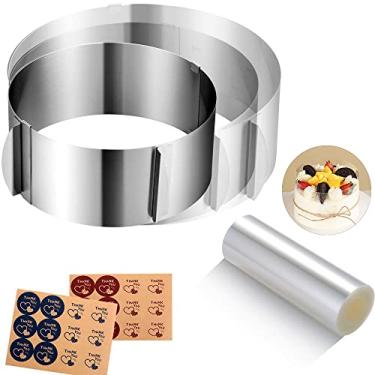 Imagem de Conjunto de colar de bolo de acetato de acetato de anéis de bolo de 15 a 30 centímetros ajustáveis de aço inoxidável para assar moldes de bolo redondos com 14 x 1000 cm rolos de folha de acetato de bolo transparente para assar pastelaria, decoração de bolo