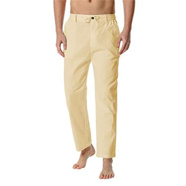 Imagem de Home Calças masculinas de algodão - cintura elástica leve casual solta calça masculina pelúcia memória, Caqui, G