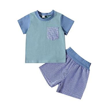 Imagem de Roupas para meninos 5t manga patchwork camiseta pulôver tops shorts roupas infantis bebê menino bebê, Azul-celeste, 12-18 Meses