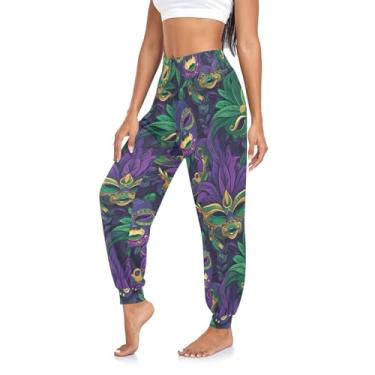 Imagem de CHIFIGNO Calça de ioga feminina Mardi Gras calça hippie folgada cintura alta harém calça de ioga, Máscaras e folhas roxas verdes, M