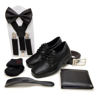 Imagem de Kit Sapato Social Infantil Suspensorio Gravata Cinto Carteira Calçadeira Meia Pajem Casamento