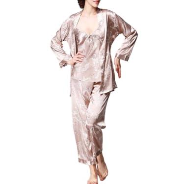 Imagem de ikasus Conjunto de pijama feminino de cetim de seda com 3 peças de pijama com shorts e roupão pijama masculino casal, Feminino Camelo L, Tamanho Único