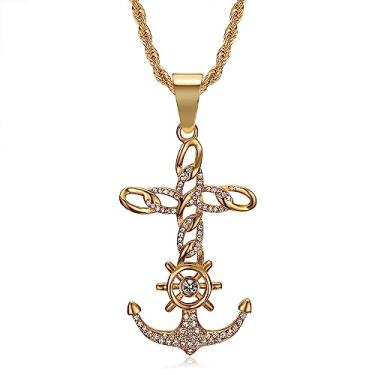 Imagem de Colar de aço inoxidável vintage banhado a ouro 18K com pingente de âncora náutica para homens e mulheres, corrente de 61 cm crucifixo cruz católica cristã joia de Páscoa, Aço inoxidável, Zircônia