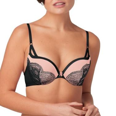 Imagem de Maidenform Sutiã feminino com aro, Love the Lift Suavizante Lace Demi, sutiã push-up para mulheres, Preto/Renda suave com tiras pêssego, 40C