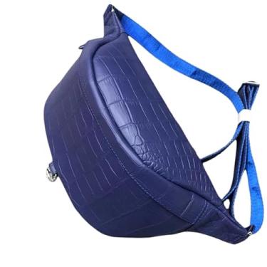 Imagem de Bolsa de couro de crocodilo genuína com acabamento fosco azul marinho masculina com zíper e couro de jacaré autêntico, bolsa transversal oblíqua, Azul, lazer